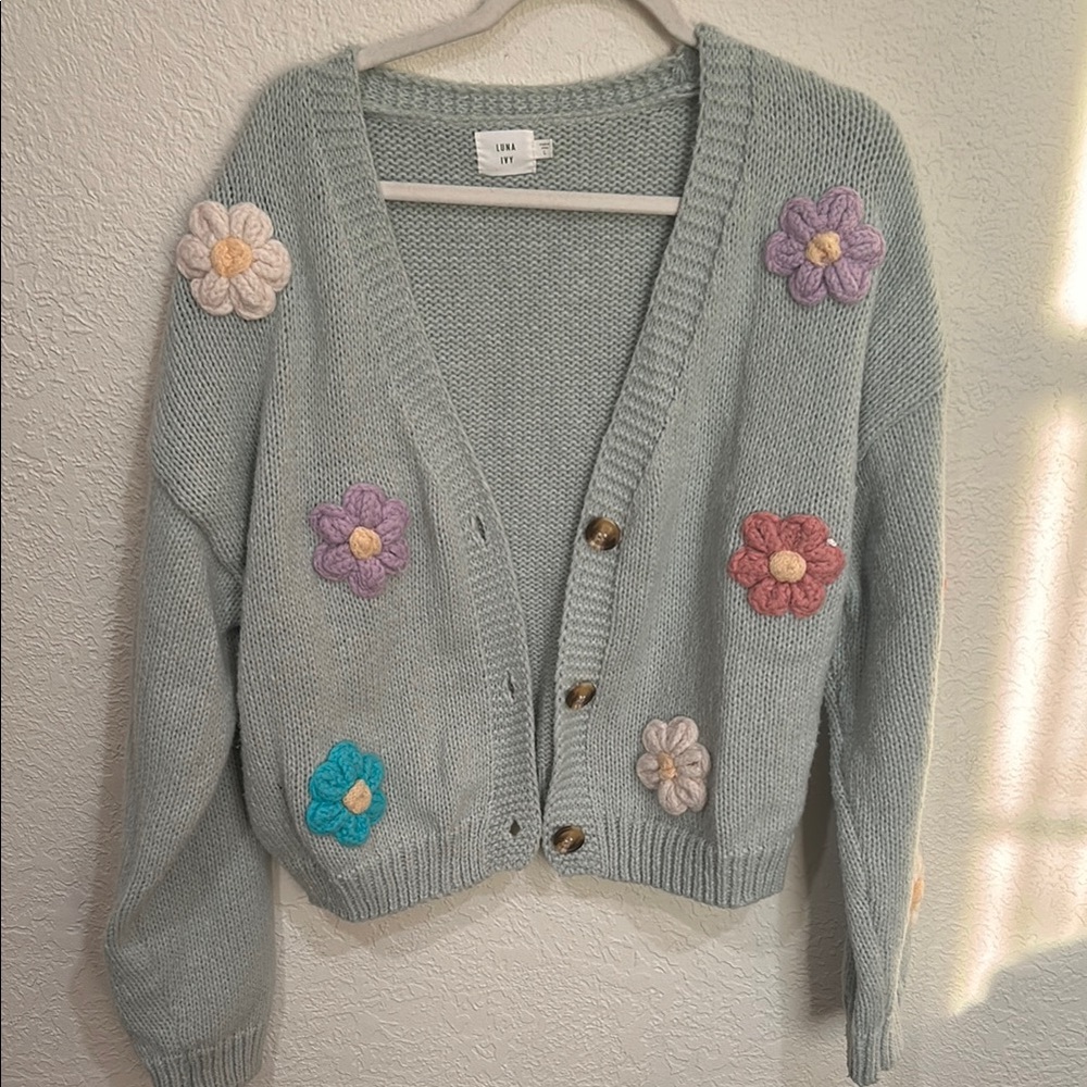 Green and Blue Cardigan Sweater with Floral Embellishments